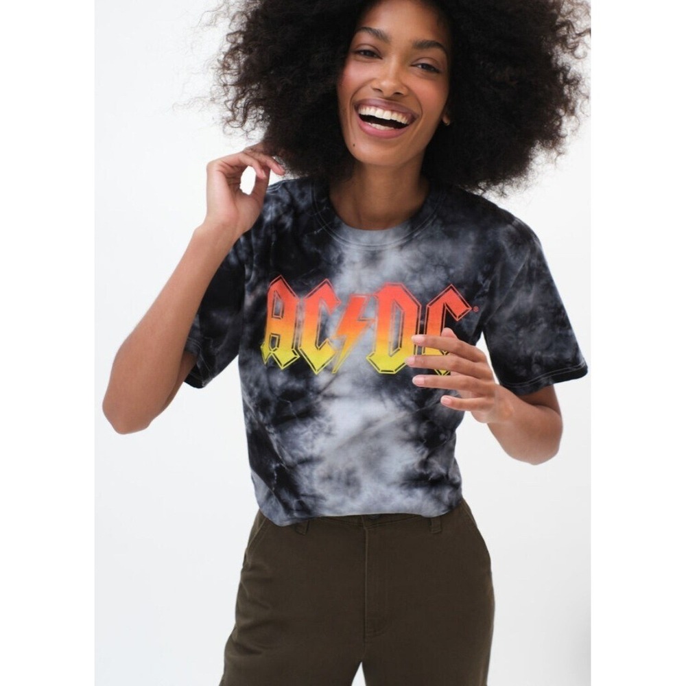 NWT‎ AC/DC Acid Tie Dye Cropped Cut Off T-shirt Women Sz L